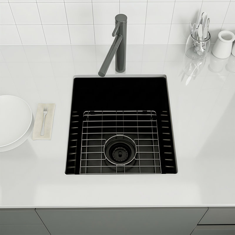  LQS 17.5"L x 15.5"W Granite Composite Undermount Bar Prep Sink with Accessories, Matte Black