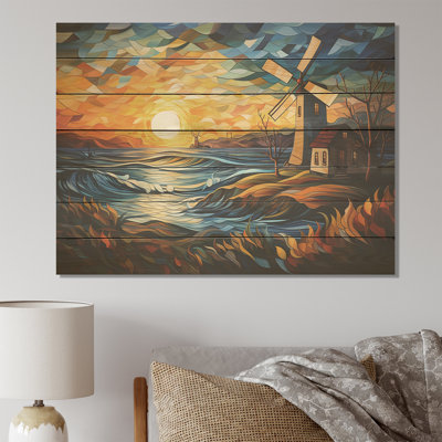 Windmill Sunset Coastal Breeze I - Éoliennes sur bois