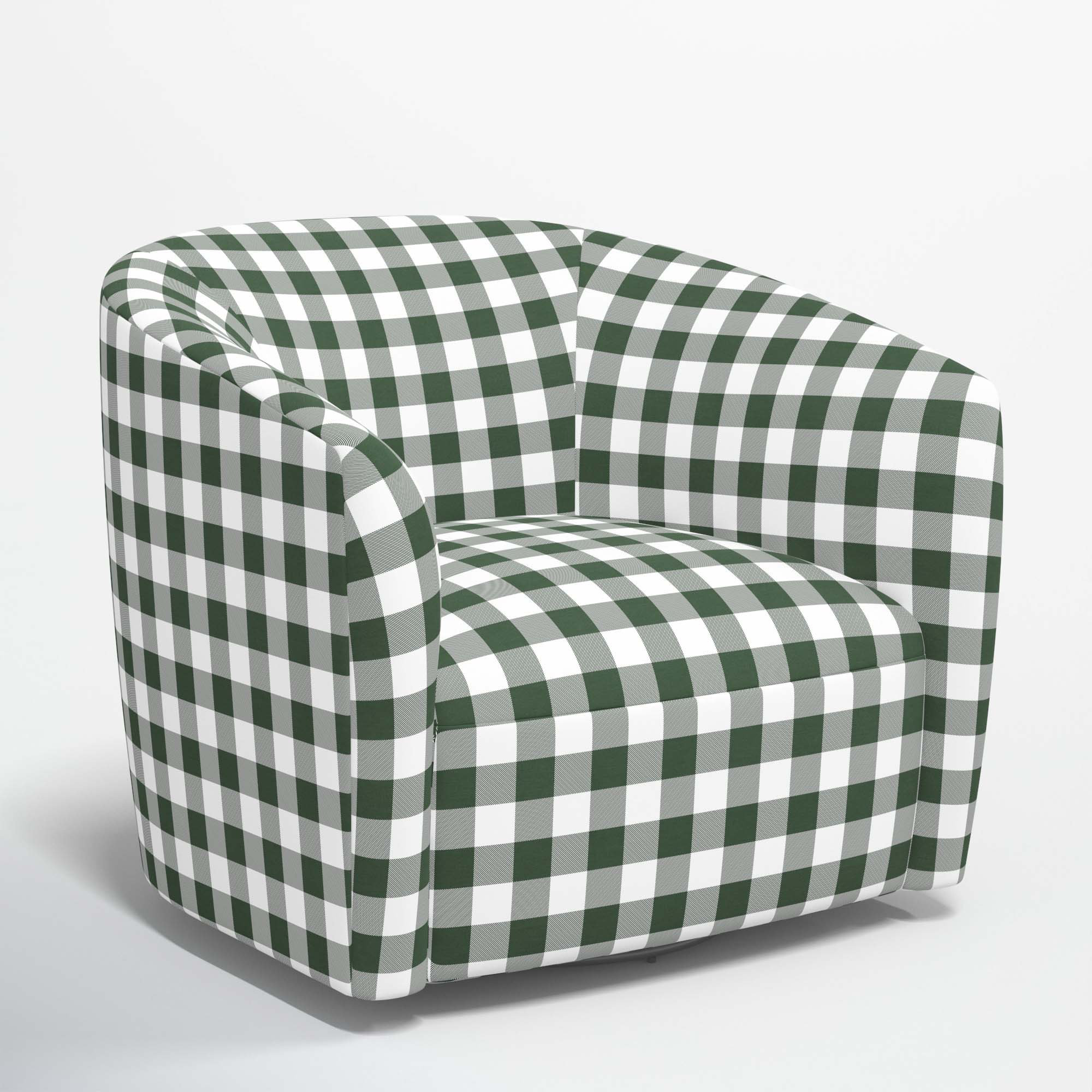Marita Upholstered Swivel Barrel Chair, Classic Gingham Evergreen