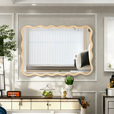 Solid Wood Wavy Rectangle  Mirror-Natural-Wood   40" X 28" Modern Mirror Wall Decor For Bathroom, Bedroom, Living Room, Dining Room, Cloakroom, Entryway