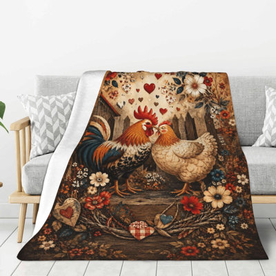 Soft Flannel Throw Blanket for Couch Bed Sofa Rustic Chicken Pair | Anti Pilling Fleece, Cozy Fuzzy Plush, Lightweight Warmth, Wrinkle Shrink Care, Travel Camping Trip, Holiday Gift Option, 60 x 80 in