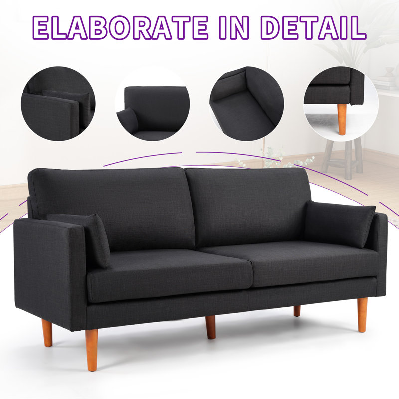 72.84" Wide Contemporary Upholstered 3-Seater Sofa with Square Arms, 2 Accent Pillows & Solid Wood Legs (Set of 2)