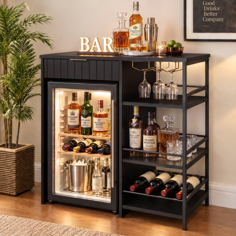 Meuble-bar avec espace mini-réfrigérateur, rangement pour bouteilles et bouteilles avec tiroir pour cuisine ou salon