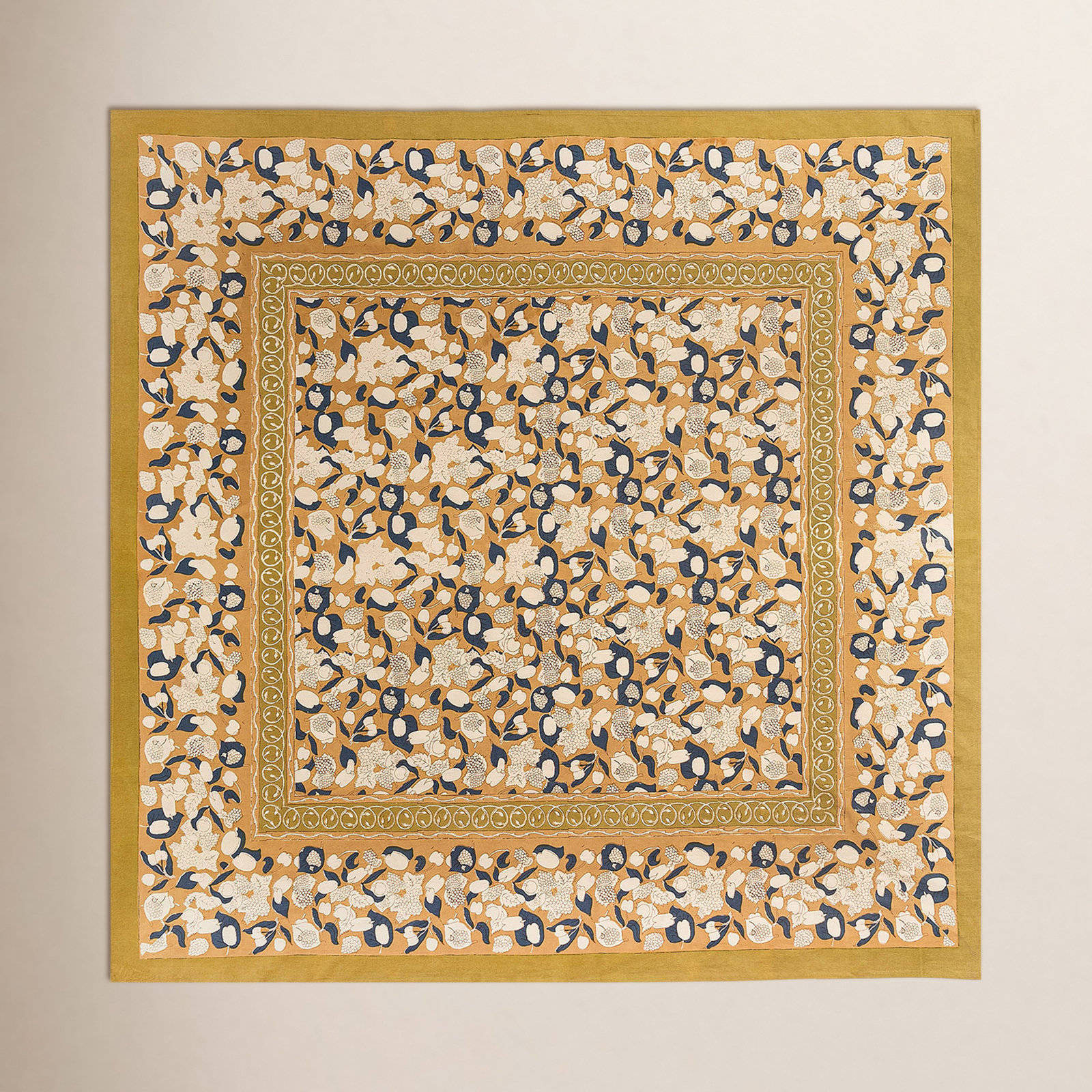 Bryssa 142" Cotton Tablecloth, Mustard/Blue, 71" x 71"