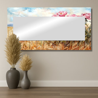 Pivoines dans le champ de blé I - Art mural miroir floral - imprimé sur métal