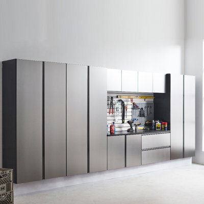 Metallic Gray Wall Mounted Garage Cabinet - Series With Soft Closing Doors And Drawers, Extended Deep Storage, Water  Heat , Stain Scratch In Gray, C