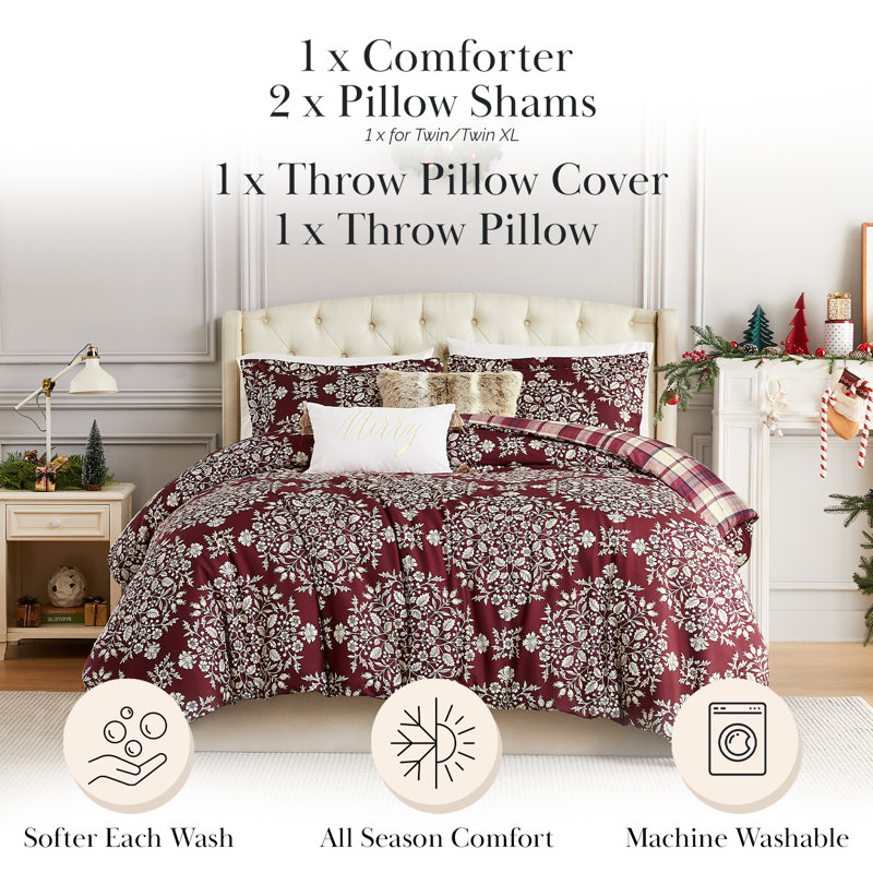 Christmas Carol 5-Piece Oversized Reversible lightweight Comforter Holiday Bedding Set, King Comforter + 4 Additional Pieces