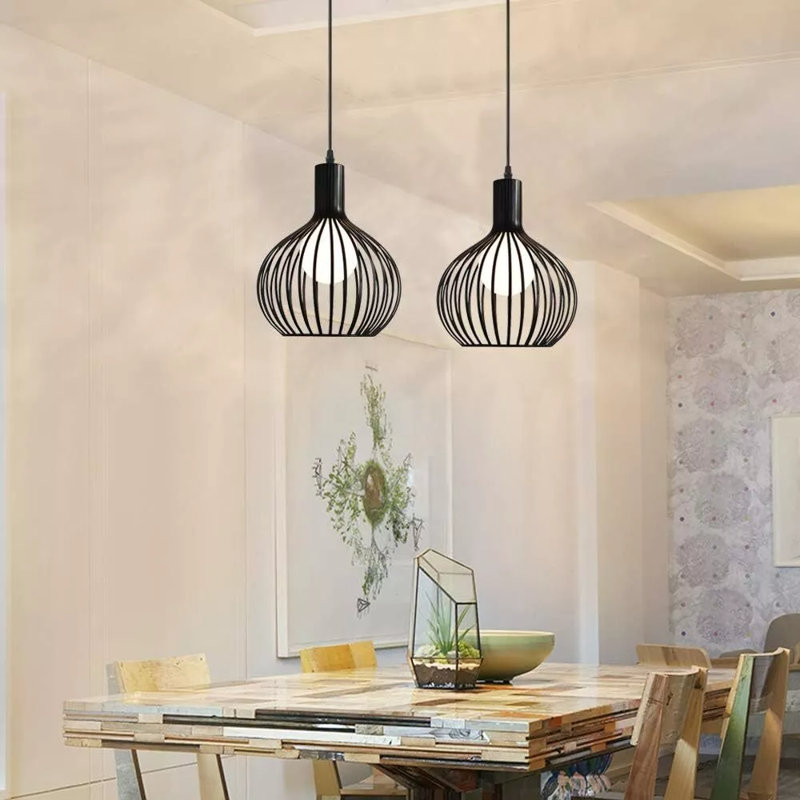 Modern Open Cage Ceiling Pendant Light with E27 LED Bulb Compatibility – Minimalist Lampshade Design, Matte Black, Black