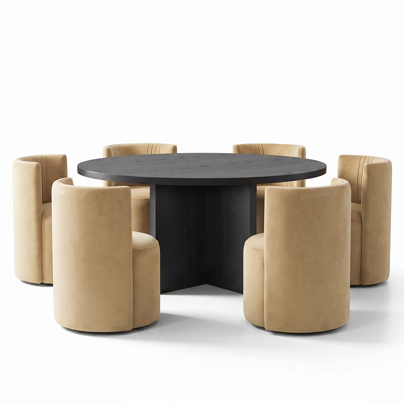 Ensemble de table de salle à manger ronde en placage de bois de 60 pouces avec 6 chaises en velours et roulettes dissimulées