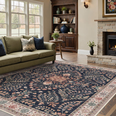 Cherry Machine Washable Oriental Area Rug for Living Room with Non-Slip Backing