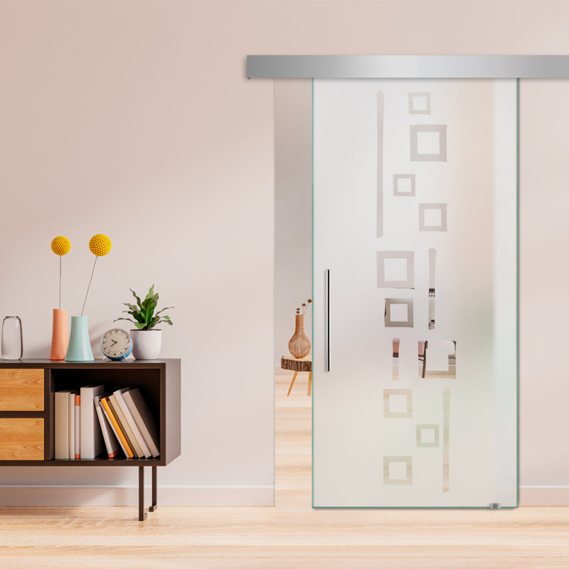 Porte de grange coulissante en verre sans cadre avec design moderne sablé et quincaillerie (semi-privée), 47 po x 84 po