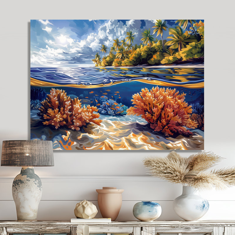 Impression d'art mural brun et bleu grande barrière de corail III - corail, H 30 po x l 40 po, Toile tendue