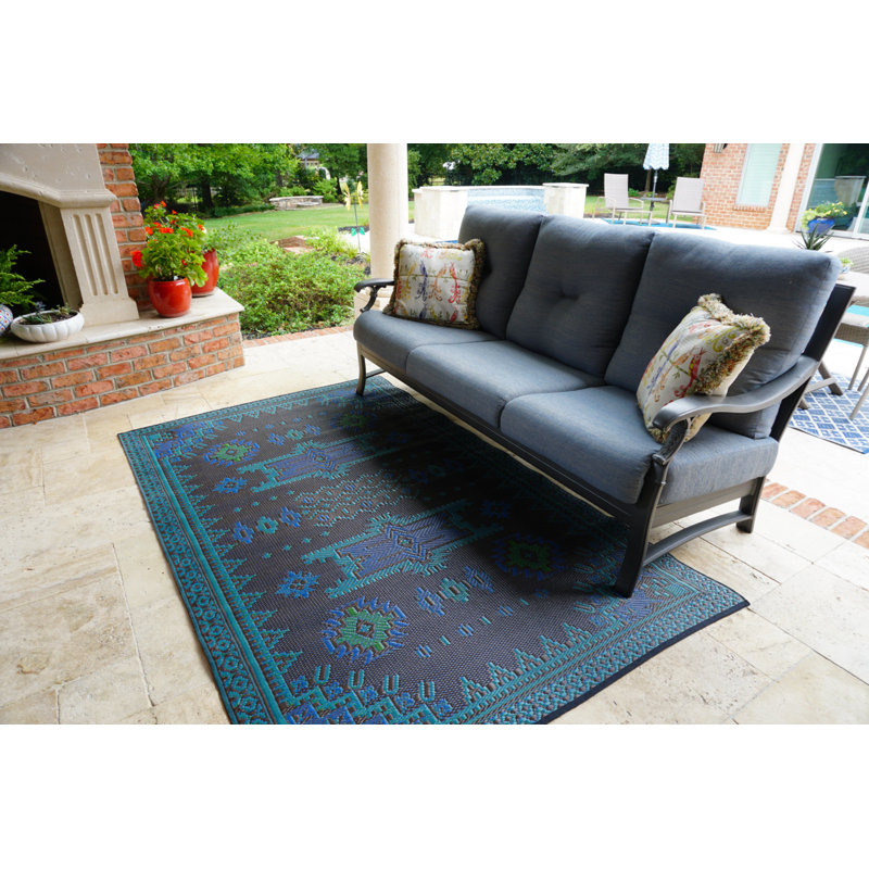 5' X 8' Apache Outdoor Mat, Black & Aqua, Reversible Mat For Patio, Porch, Deck, Floor Mat