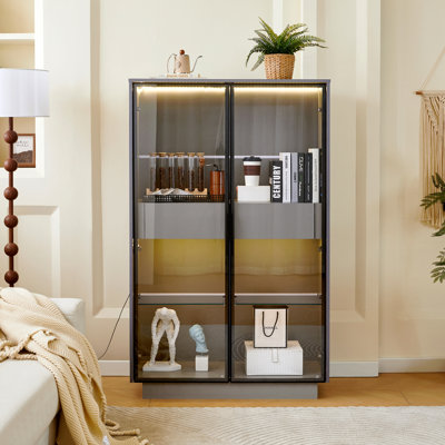 Freestanding Display Cabinet With 2 Storage Drawers, Pantry With Glass Doors & LED Lighting, Modern Bookcase With Adjustable Shelves