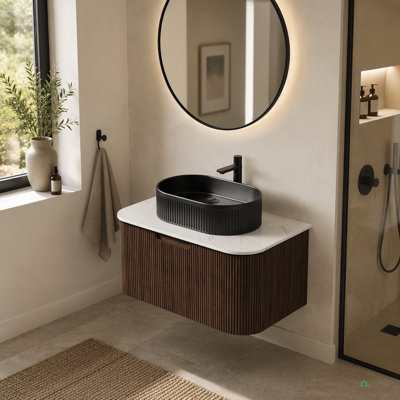 DINA 30" Bathroom Vanity With Sink, Modern Wall-Mounted Curved Edges Striped Bathroom Storage Cabinet With A Drawer Ceramic Vessel Basin, NO Faucet, Pre-Assembled