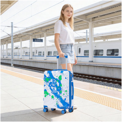 Valise à roulettes 20 pouces pour PC, valise de transport, avec motif imprimé et serrure à combinaison (bleu)