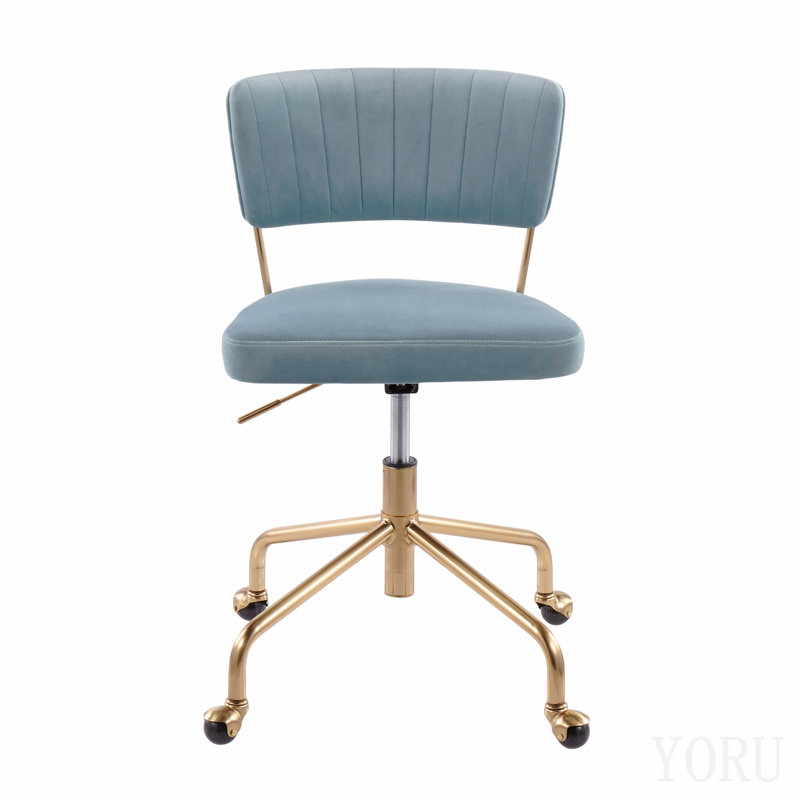 Contemporary Task Chair In Gold Metal And Light Blue Velvet