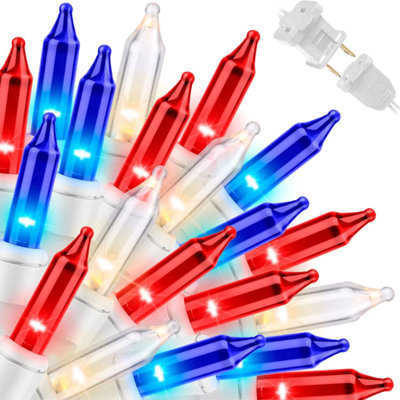 Guirlande patriotique - mini guirlandes bleues rouges et blanches avec fil blanc - guirlande 100 lumières certifiées UL de 100,6 pi pour la fête de l’Indépendante (rouge, blanc et bleu)