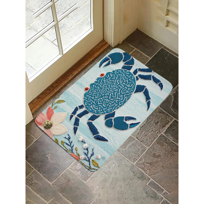 Tapis de bain mignon à motif floral crabe sarcelle, 16 x 24