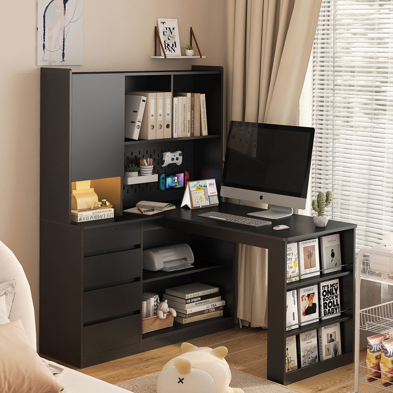 L-Shaped Desk With Drawers, Bookshelf & Hutch, Black, Left Hand Return