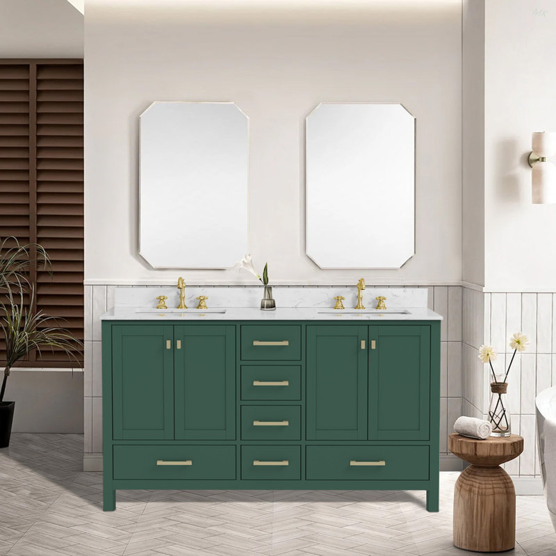 60'' Bathroom Vanity, Solid Wood Frame Bathroom Storage Cabinet, Freestanding Vanity Top With Double Basin Green