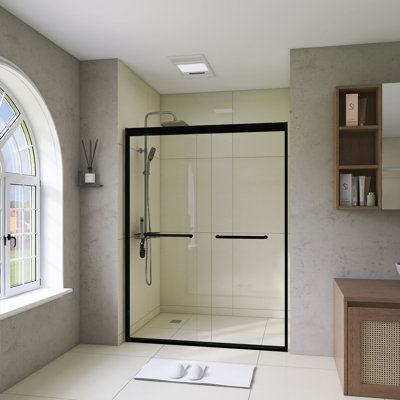 50-54" W × 72" H Double Sliding Shower Door, 1/4"(6Mm) Tempered Glass With Explosion-Proof Film, Aluminum Frame & Stainless Steel Handle,Matte Black,Modern Minimalist Design