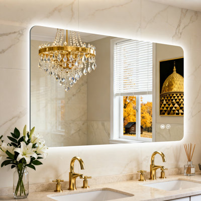 Miroir de salle de bain à DEL rétroéclairé en verre trempé, miroir de salle de sport, équipé d'une fonction antibuée, supportant trois réglages de température de couleur et une gradation continue.