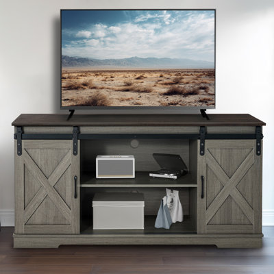 56" Farmhouse TV Stand, Entertainment Center with Sliding Barn Door and Adjustable Shelf & Feet, Console Table with Storage