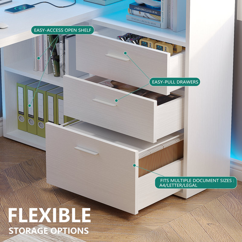 L Shaped Desk With Bookshelf and  Drawer, Corner Desk with LED Lights