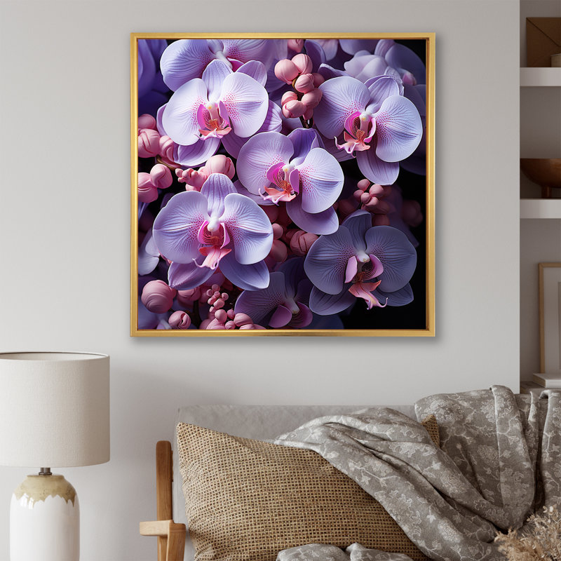 Orchidées mauves - impressions sur toile, Cadre flottant doré, H 30 po x l 30 po
