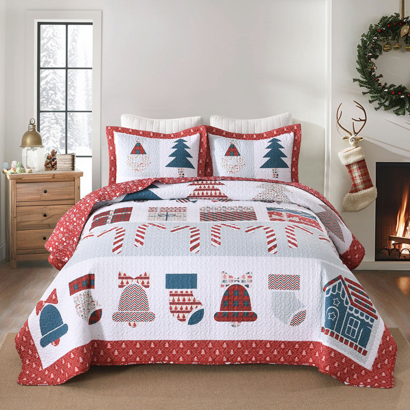 Ensemble de courtepointe de Noël légère en polyester 3 pièces 3 pièces, Courtepointe pour grand lit + 2 taies décoratives