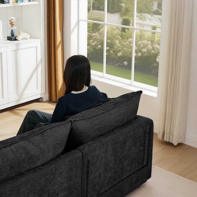 L-Shape Chenille Sectional Couches with Movable Ottoman, Black Chenille