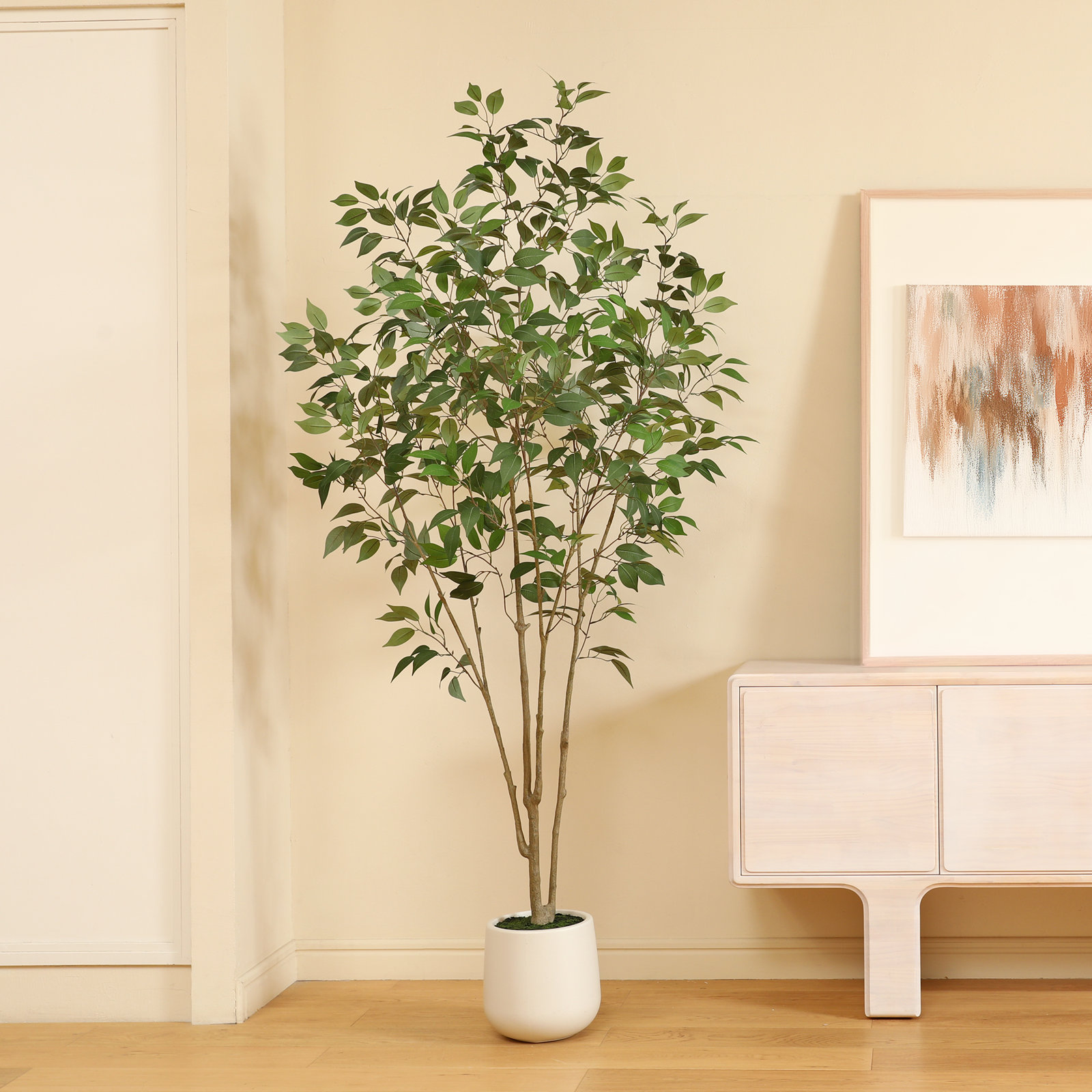 Agostino Faux Ficus Tree with Round White Planter, Pre Potted Faux Greenry Ficus Plant for Home Decor, 84" H x 28" W x 28" D