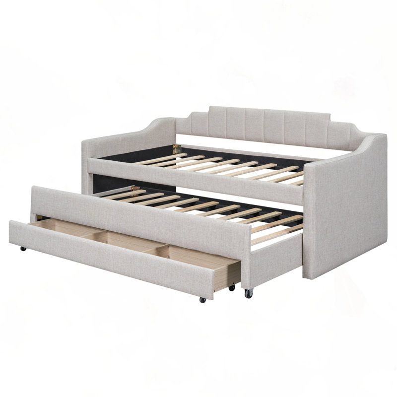 Upholstered Daybed with Trundle and Three Drawers, Beige