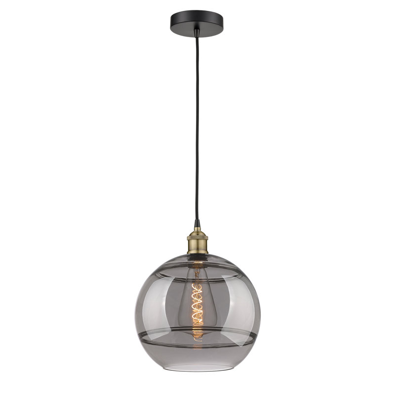 Luminaire suspendu 1 lumière Edison Bienes-616-G556, H 13,38 po x l 12 po x P 12 po, Gris fumée clair, Laiton antique noir