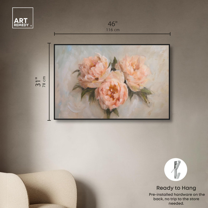 Art floral sur toile rose, Cadre flottant noir, H 31 po x l 46 po x P 1,8 po