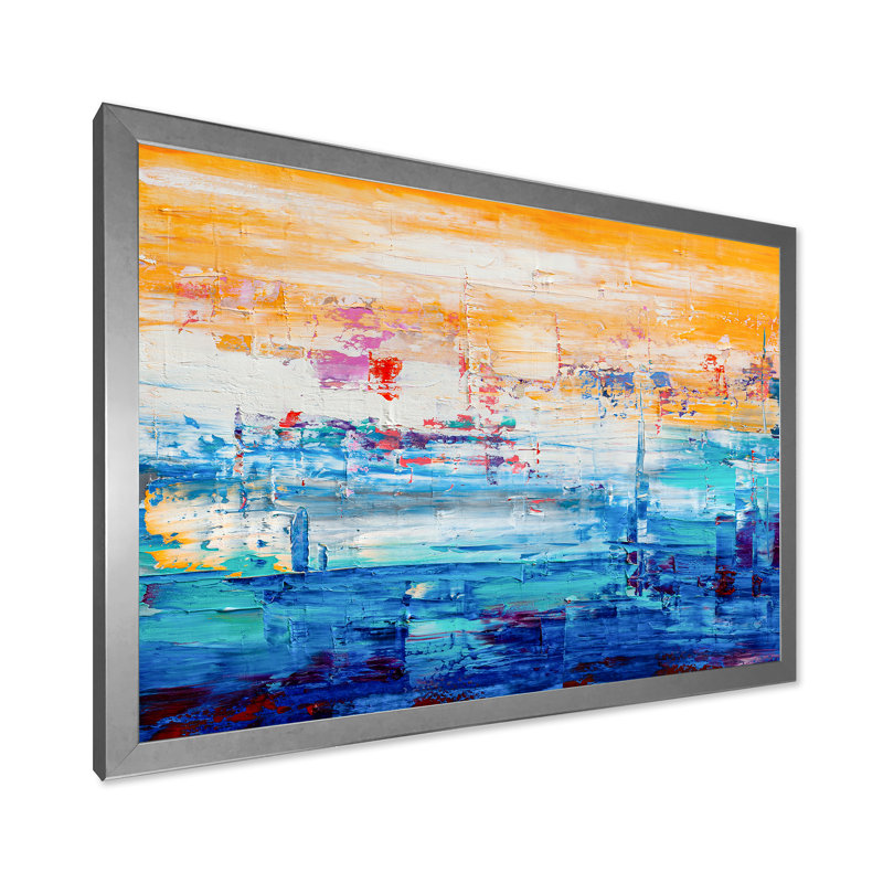 Orange et bleu abstrait - peinture sur toile, Encadrement argenté, H 24 po x l 32 po x P 1 po