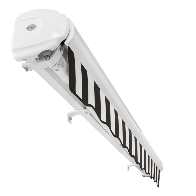 Auvent rétractable avec cassette Awntech Key West, Côté droit, H 9,38 po x l 168 po x P 120 po, Rayures noires et blanches