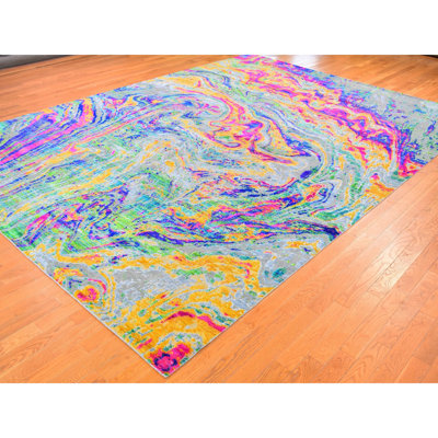 Tapis bleu / vert / jaune noué à la main de conception unique 9 pi 10 po x 13 pi 7 po Feleshia New Age