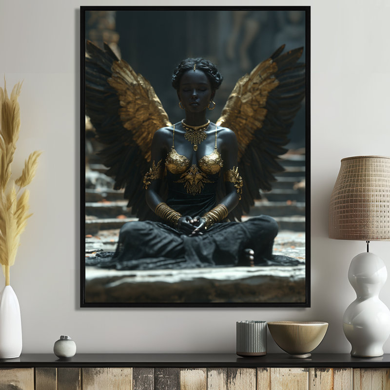 Ange noir et or - salon Wings Angel, Cadre flottant noir, H 32 po x l 24 po