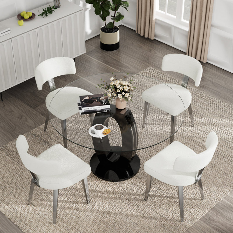 Ensemble de salle à manger à piédestal, table de salle à manger ronde 47 po et chaises Teddy, 5, Noir / blanc