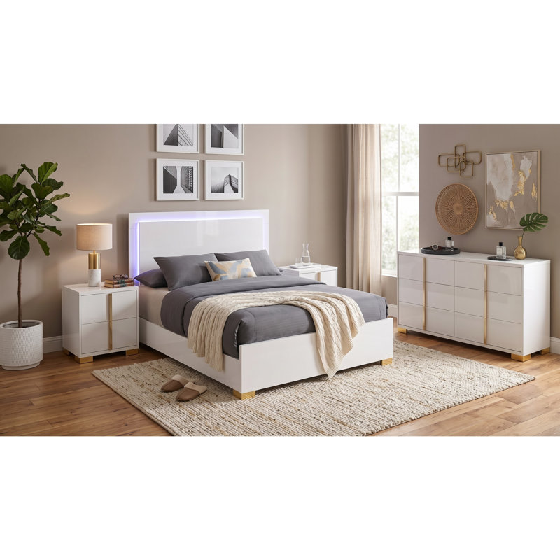 Ensemble de chambre à coucher 4 pièces Maxwell, White, 4 Pcs: Bed, Dresser, 2 Nightstands, King