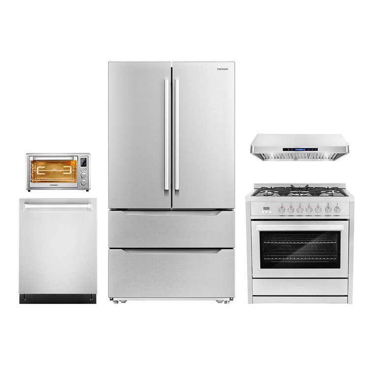 5 Piece Kitchen Package with 36" Freestanding Dual Fuel Range  36" Under Cabinet Range Hood 24" Built-in Fully Integrated Dishwasher,  French Door Refrigerator & 20" Electric Air Fryer Toaster Oven