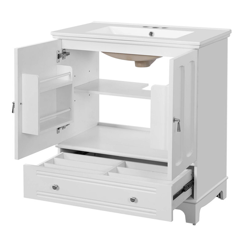 Meuble-lavabo de 30 po avec cadre en céramique et meuble-lavabo avec tablette réglable et tiroir, Blanc
