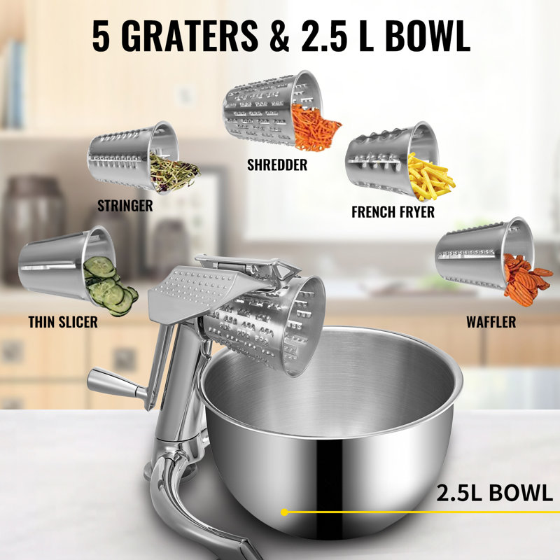 Rotary Cheese Grater, Manual Cheese Mandoline with 5 Stainless Steel Cutting Cones, Manual Vegetable Grater with 2.5L Bowl, Zinc Alloy Rotary Vegetable Mandoline, Rotary Shredder with Suction Ba