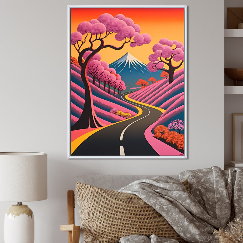 «Swirling Road Joyful Pink Mountain Landscape», reproduction sur toile, Cadre flottant blanc, 20" H x 12" W
