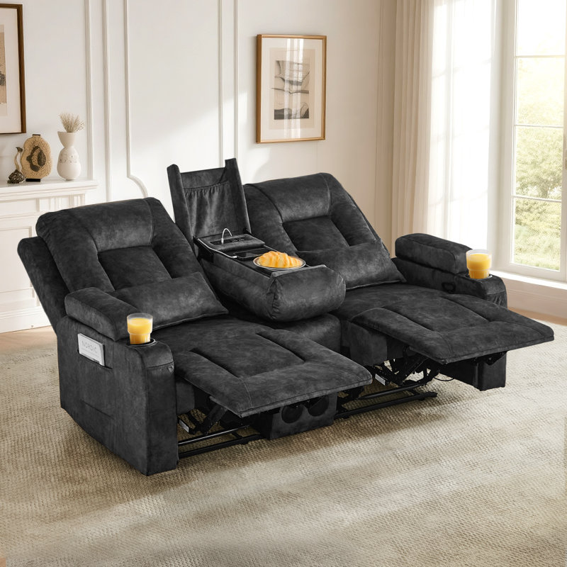 Causeuse inclinable manuelle avec console centrale rabattable, ports de charge, haut-parleurs Bluetooth et porte-gobelets
