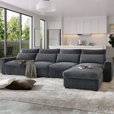 Grand canapé modulaire rembourré de plumes en L moderne, canapé convertible avec méridienne réversible pour le salon