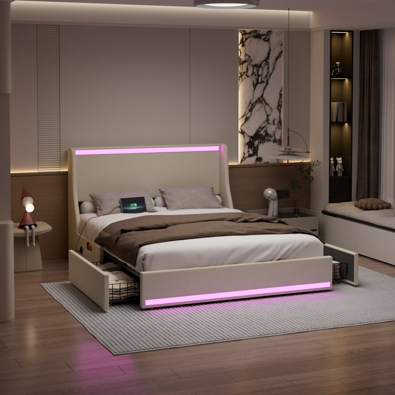 Grand lit plateforme avec rangement et station de charge et lumières DEL RVB Smart Control, cadre de lit tapissier beige avec tiroirs de rangement, ports de chargement USB et Type-C, tête de lit rembourrée en lin doux, 2 tiroirs de rangement sous le lit, aucun sommier nécessaire