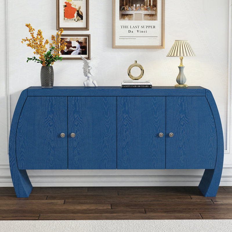 Armoire de rangement à quatre portes en placage de frêne avec pieds courbés, Bleu marine